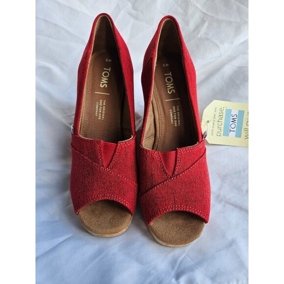 TOMS Women's Size 5 RED Classic Cork Wedge Heel Shoes Peep Toe Sandal NWOB - Picture 3 of 8
